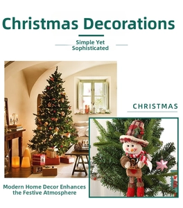Detail of plush Christmas snowman ornament with plaid hat and red scarf on tree