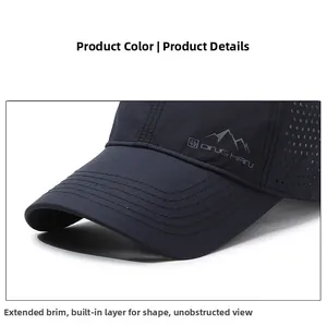 Detail of outdoor baseball cap with mountain logo print and breathable side mesh vents