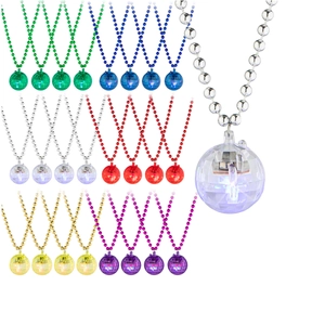 Colorful glowing 70s disco ball pendant necklaces in multiple vibrant neon shades