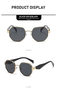 Front and 45-degree angle view of polygonal metal sunglasses with black gold frames