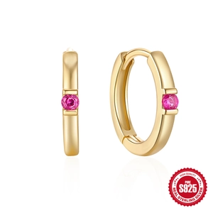 Classic S925 sterling silver gold plated hoop earrings with pink round zircon stone
