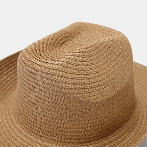 Close-up of the spiral weave texture on a natural straw cowboy hat with a wide brim