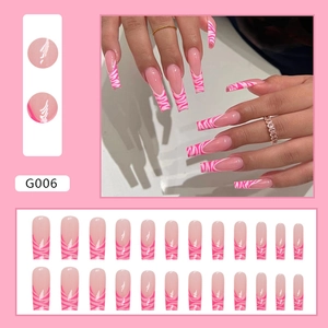 Pink French zebra pattern press-on nails set in long ballerina shape, model G006