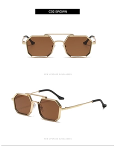 Close-up of polygon metal frame sunglasses with double bridge and brown lenses