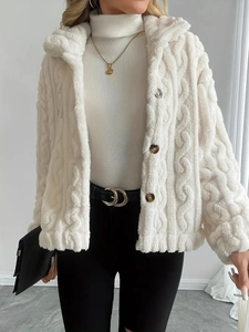 Women's white hooded plush jacket with cable knit texture and button closure