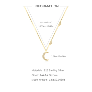 Detail showing 925 sterling silver moon star necklace size and zircon material specs