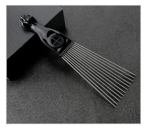 Detail of professional black afro pick with metal teeth and fist handle design