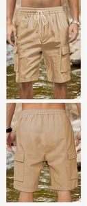 Front and back view of khaki cargo shorts with elastic waist and large side flap pockets