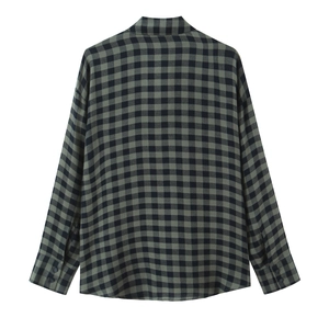 Back view of a classic long-sleeved plaid shirt in dark green and black cotton blend