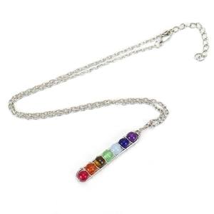 Handmade silver wire wrapped seven chakra stone beads U-shaped pendant necklace