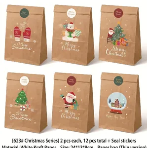 Close-up of 6 festive Christmas paper bags with stickers, size 24x13x8 cm for holiday gifts