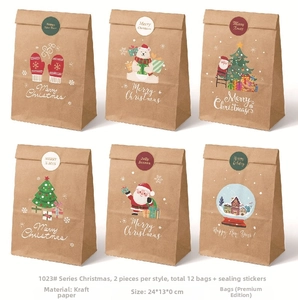 Close-up of 6 festive Christmas paper bags with stickers, size 24x13x8 cm for holiday gifts