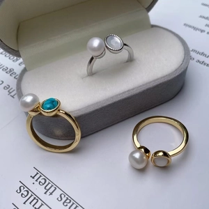 Ins Style Freshwater Pearl Ring For Women Niche Design Shell Turquoise Copper Alloy Open Adjustable Band Ring Fashion Jewelry