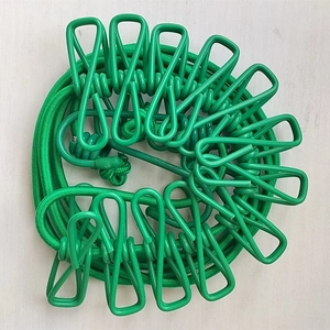 Detail of green portable elastic clothesline with 12 coated metal clips and end hooks