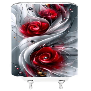 3D abstract red rose shower curtain with silver silk waves and decorative pearls