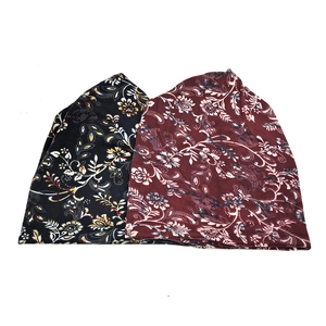 Floral print knit beanie hats in black and wine red, warm winter headwear for women