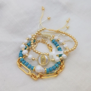 Multilayer gold chain bracelet set with Virgin Mary coin and natural pearl beads