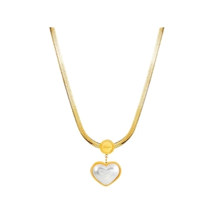 Golden heart necklace with mother of pearl inlay and love engraved disc on snake chain