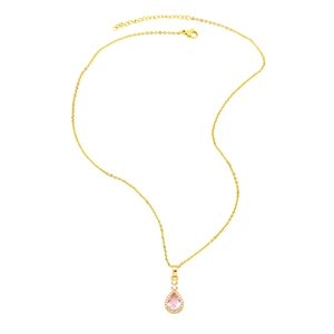 Detail of gold lobster clasp and adjustable chain on a pink teardrop zircon necklace