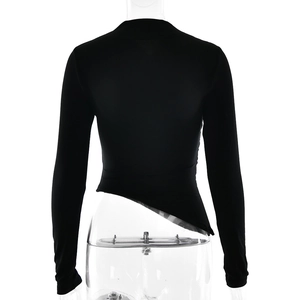 Back view of black long sleeve top with irregular hem and ruched details on mannequin