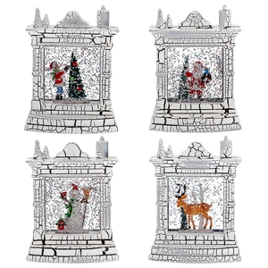 Set of 4 white Christmas fireplace snow globe lamps with Santa and snowman scenes.