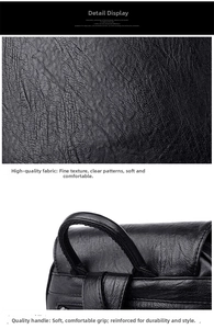 Close-up of litchi textured faux sheepskin leather and reinforced handle on black backpack