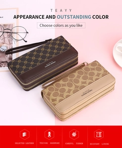 Flat lay of vintage dual-zipper long wallets in brown leather patterns with wrist straps