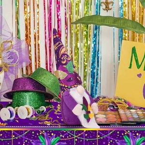 Detail of a Mardi Gras gnome with glitter mask, purple, green and yellow festive ornaments