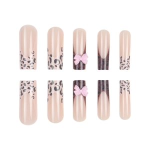 French leopard print coffin press on nails with 3D pink bows on a clean white background