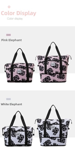Detailed color display of pink and white travel bags with abstract elephant patterns