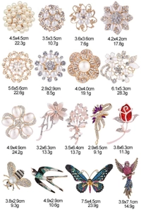Detailed grid of 17 pearl and crystal brooches featuring bees, flowers, and hummingbirds