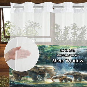 Sheer curtain detail showing elephant prints and grommet top for light and privacy