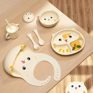 Cartoon Cat Silicone Baby Tableware Feeding Divided Suction Plate Bowl Cup Bib Fork Spoon Toddler Training
