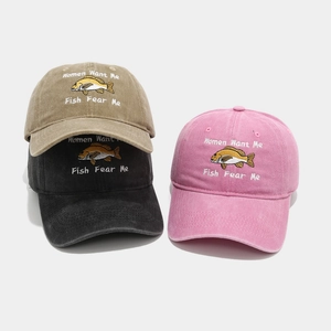Vintage Washed Cotton Baseball Cap Retro Fish Embroidery Funny Slogan Outdoor Sunshade Hat For Men Women Adjustable