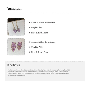 Detailed size and weight specifications for violet rhinestone floral earrings set