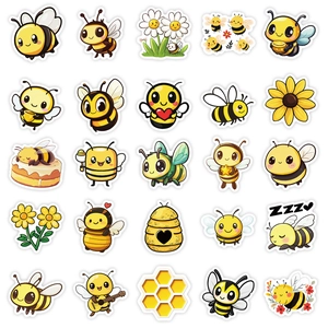 Close-up of 25 cute waterproof cartoon bee stickers with various honey and floral patterns