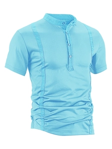 Detail of light blue short sleeve Henley shirt with mandarin collar and vertical stripes