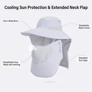 Outdoor sun hat with 12cm wide brim, face mask and neck flap for full UV protection