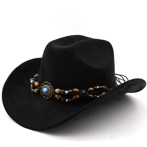 Detail of bohemian cowboy hat with turquoise stone and beaded decorative band