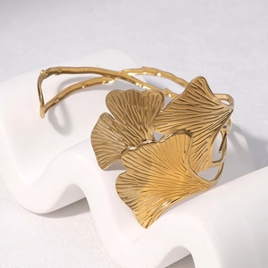 18k gold plated stainless steel cuff bracelet with elegant layered ginkgo leaf design
