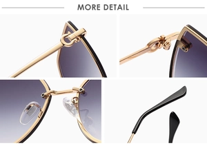 Detailed views of gold metal hinges, silicone nose pads, and purple gradient lenses