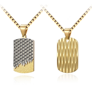 Men Pendant Necklace Stainless Steel Wave Texture Geometric Tag Pendant Box Chain Fashion Casual Jewelry For Male