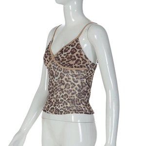 Detail view of leopard print mesh camisole with sexy V-neck and thin straps on mannequin