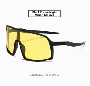 Detail of black frame cycling glasses with yellow night vision lenses and non-slip temples