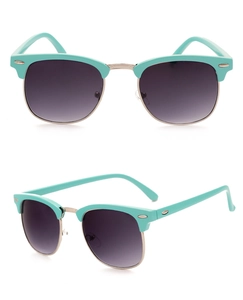 Detail of retro semi-rimless sunglasses with mint green frame and silver metal bridge