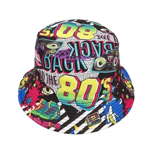 Close-up of retro 80s 90s pop art pattern with cassette tapes and radios on sun hat