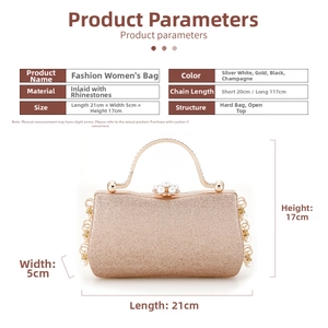 Size chart showing champagne evening clutch bag 21x5x17cm with pearl handle detail