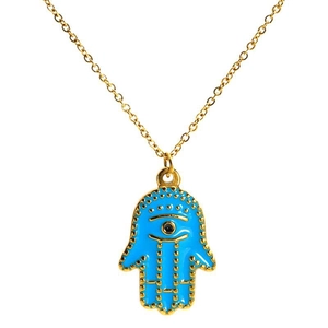Vintage gold Hamsa Hand necklace with blue Turkish Evil Eye pendant on white background