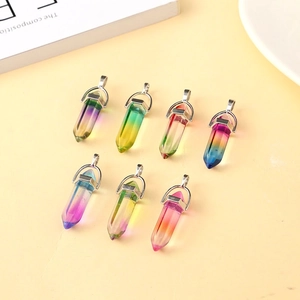 Set of colorful hexagonal crystal pendants with rainbow gradient and silver metal bails