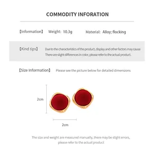 Detailed sizing chart for red flocked square stud earrings showing 2cm x 2cm dimensions